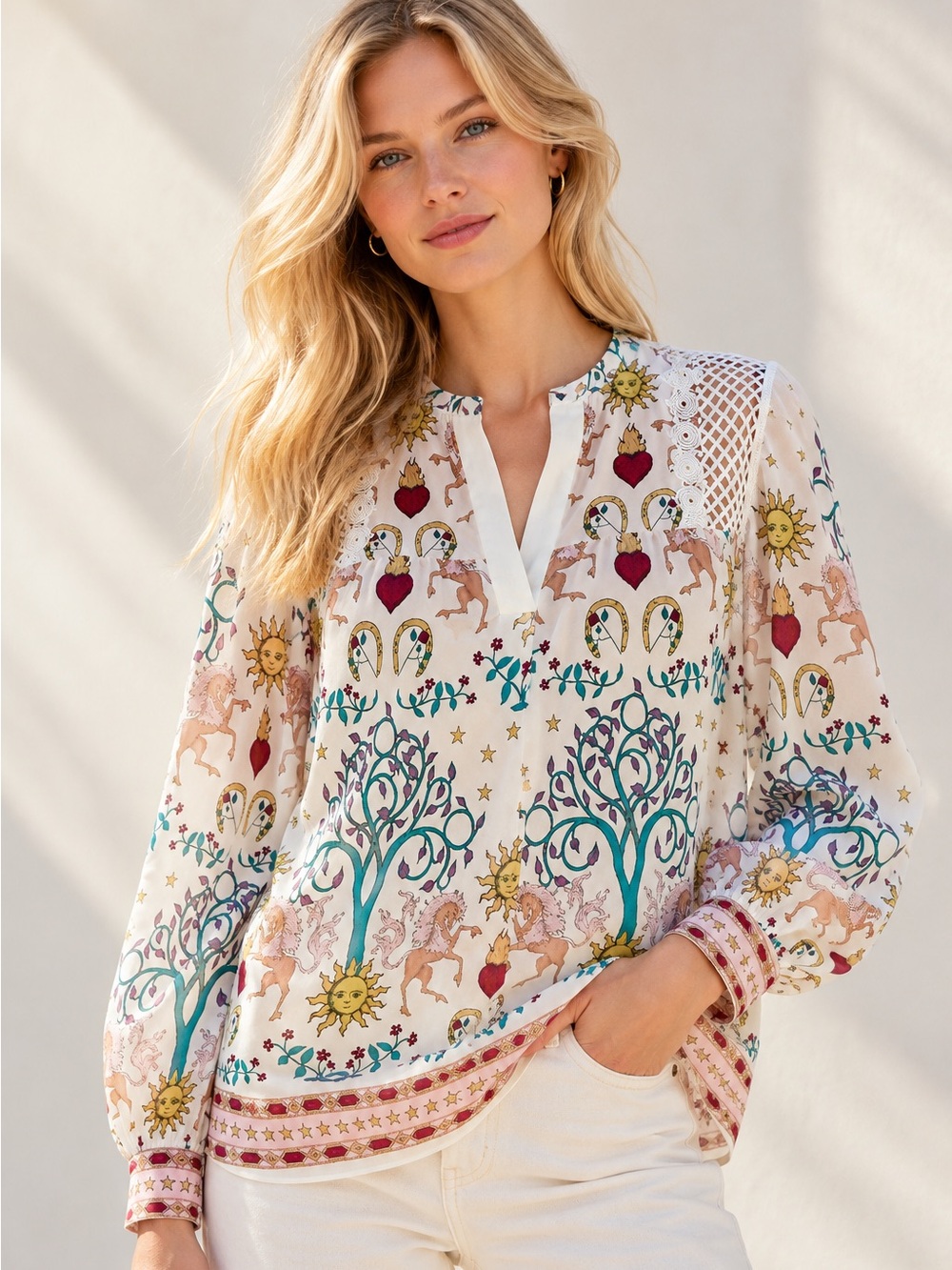 Sandro Paris Azucar Print Chiffon Lace Blouse Off White Size US 6